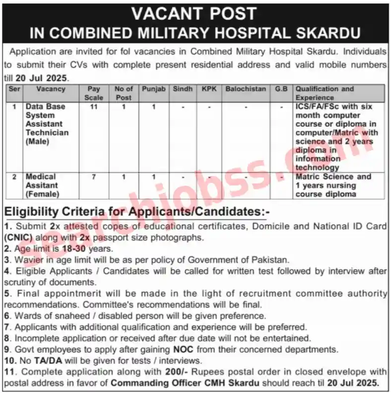 Combined Military Hospital CMH Skardu Jobs July 2025