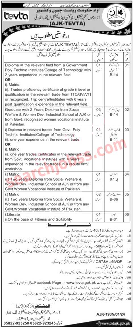 TEVTA Jobs in Muzaffarabad January 2024 Advertisement