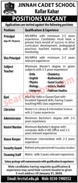 Jinnah Cadet School Jobs in Kallar Kahar 2024 Advertisement