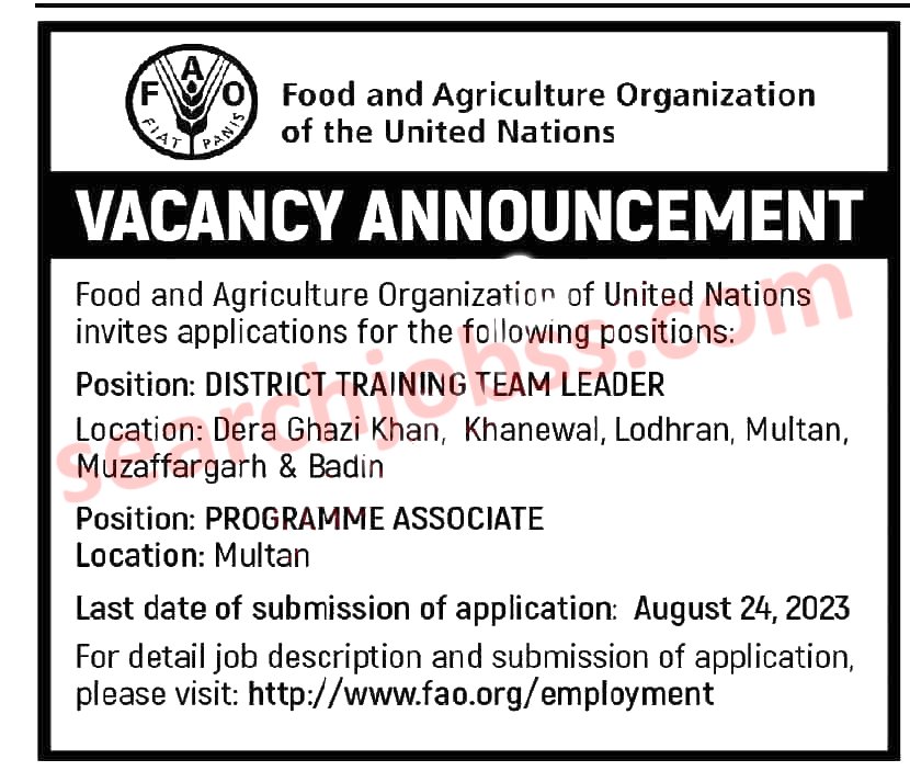 FAO Jobs in Multan August 2023-Food and Agriculture Organization Jobs
