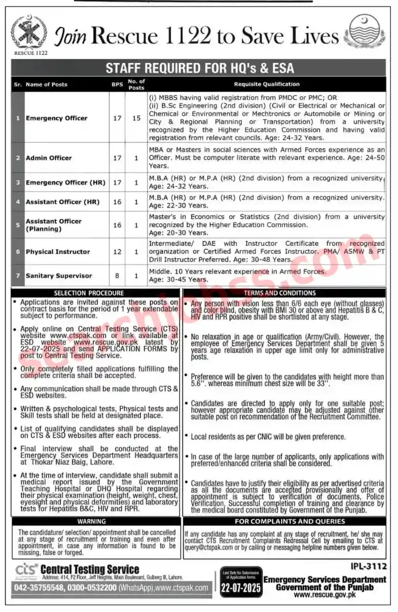 Rescue 1122 Jobs in Punjab July 2025 Apply Online