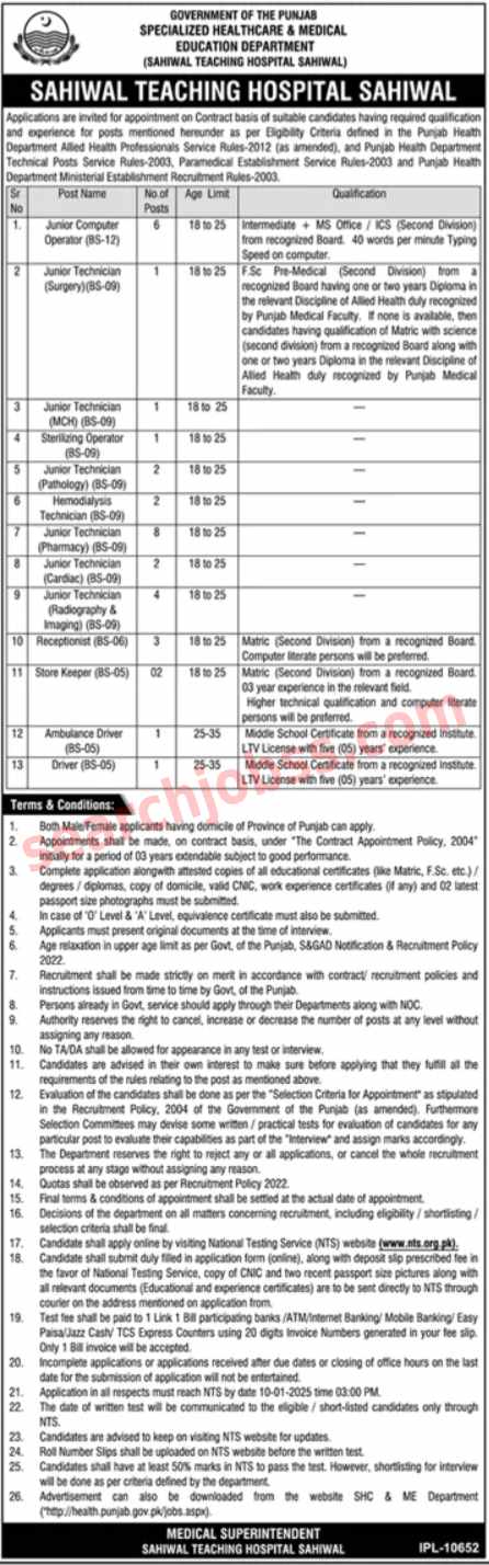 Sahiwal Teaching Hospital Jobs 2025 Apply Online