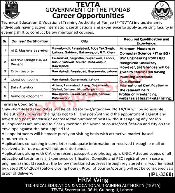 TEVTA Jobs in Punjab April 2024 Latest Advertisement