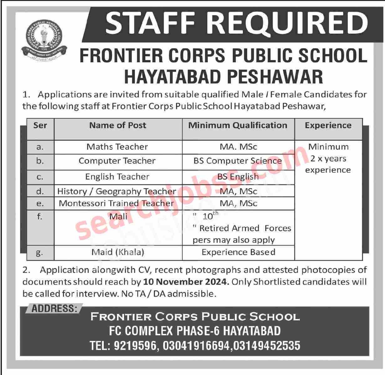 FC Public School Jobs in Peshawar 2024 Apply Now