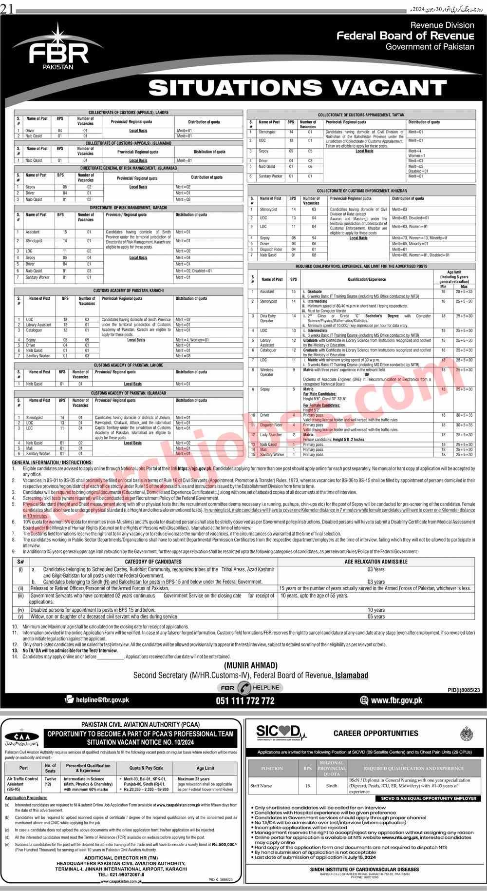 Latest FBR Jobs in Lahore July 2024 -Federal Board of Revenue Jobs