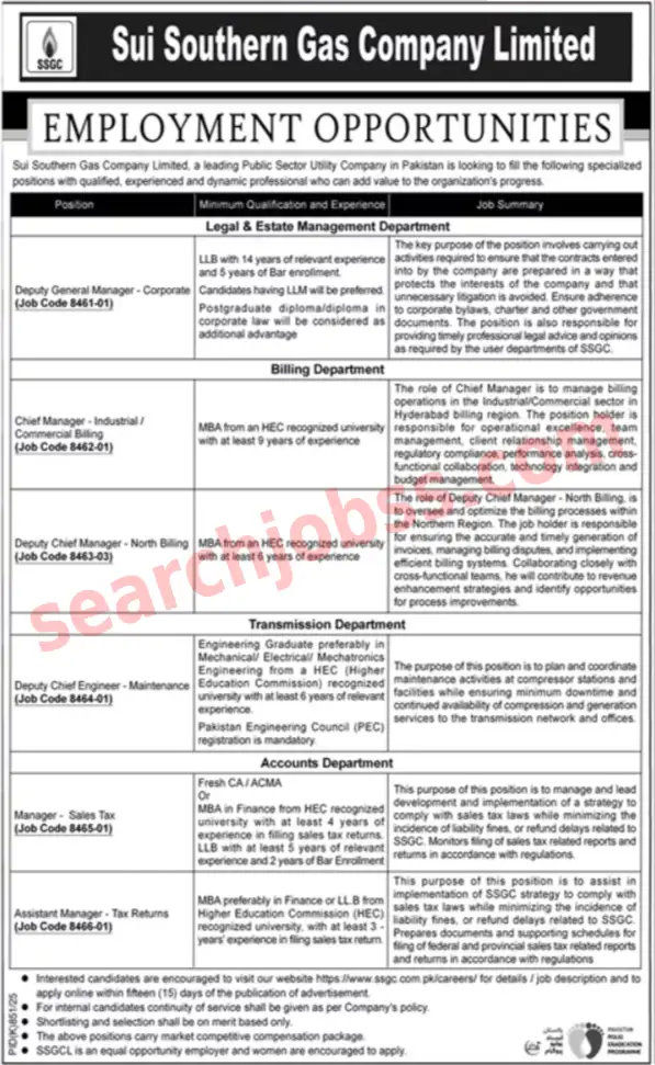 Sui Southern Gas Company SSGC Jobs 2025