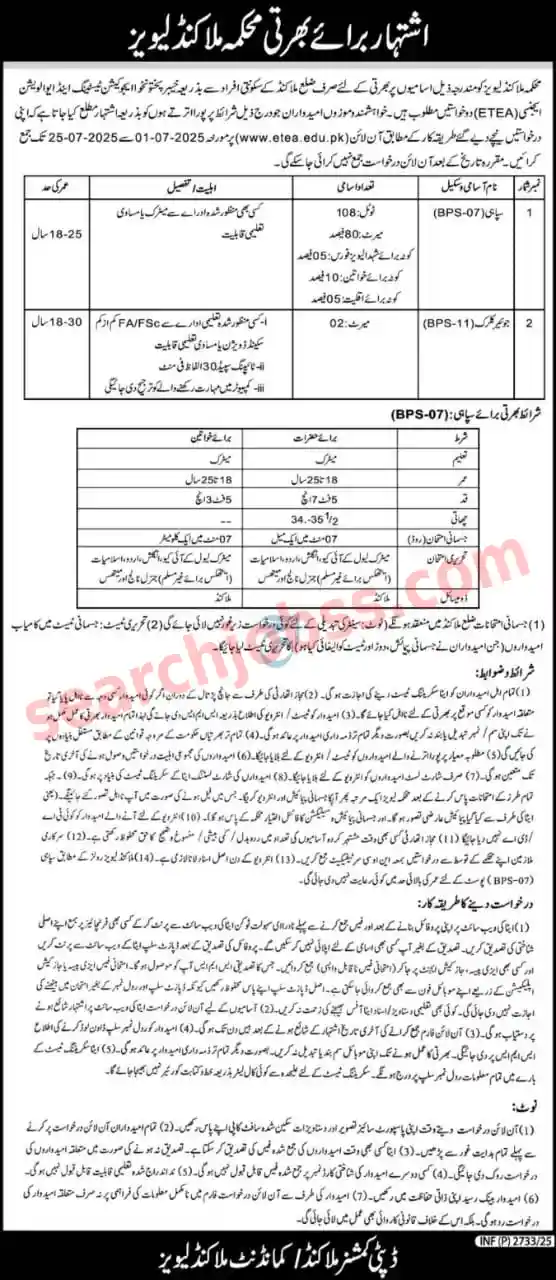 Sepoy Jobs in Malakand Levies Department July 2025