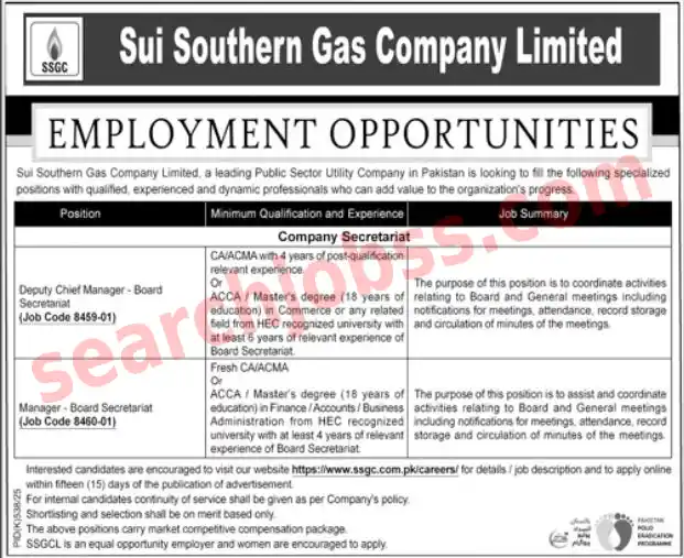 Sui Southern Gas Company Limited SSGC Jobs 2025 in Karachi