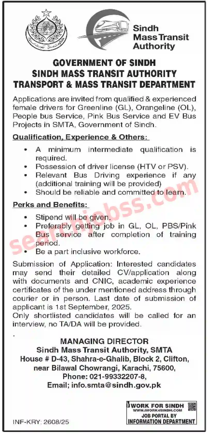 Sindh Mass Transit Authority Karachi Jobs 2025 Female Driver