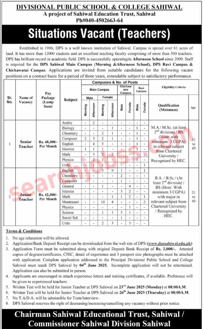 Divisional Public School and College DPS Jobs 2025