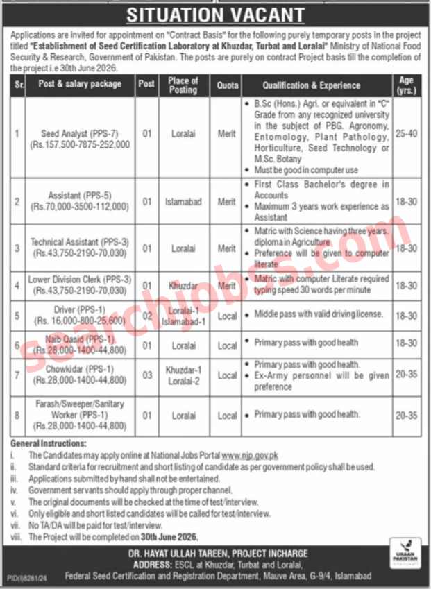 Ministry of National Food Security and Research Jobs 2025