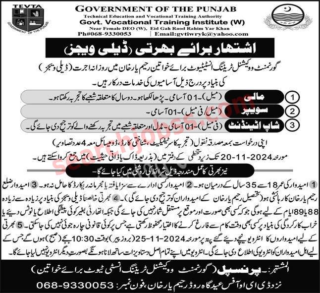 TEVTA Jobs in R Y Khan November 2024