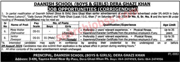 New Punjab Daanish School Jobs August 2024 Advertisement