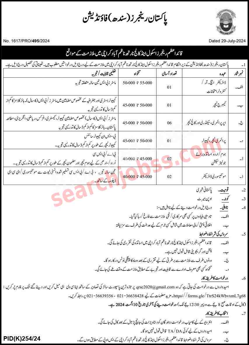 Pakistan Rangers Foundation Jobs August 2024 Advertisement