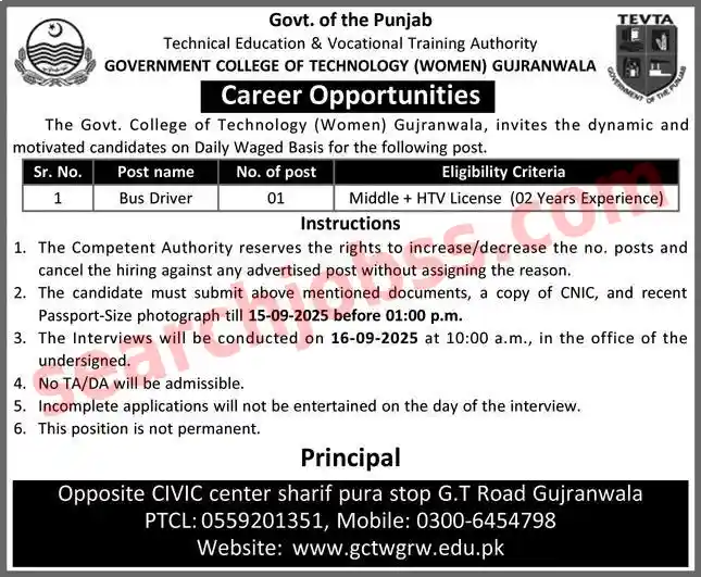 Government College TEVTA Driving Jobs Gujranwala September 2025