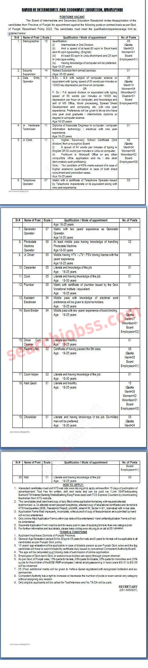 Board of Intermediate and Secondary Education Jobs 2024 via NTS