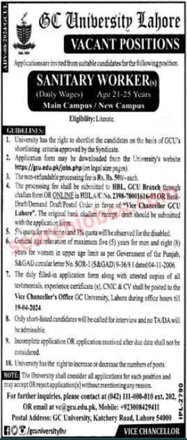 Latest Govt College University Lahore Jobs GCUL Jobs April 2024 