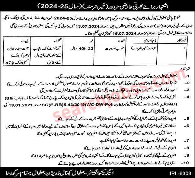 New Irrigation Department Jobs in Sargodha July 2024 Advertisement