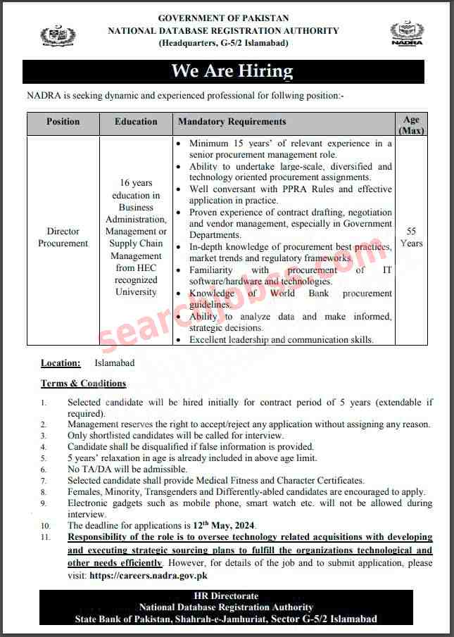 Latest Nadra Jobs in Islamabad May 2024 Advertisement