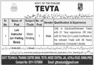 TEVTA Rawalpindi Jobs 2025 - Lab Instructor Vacancy