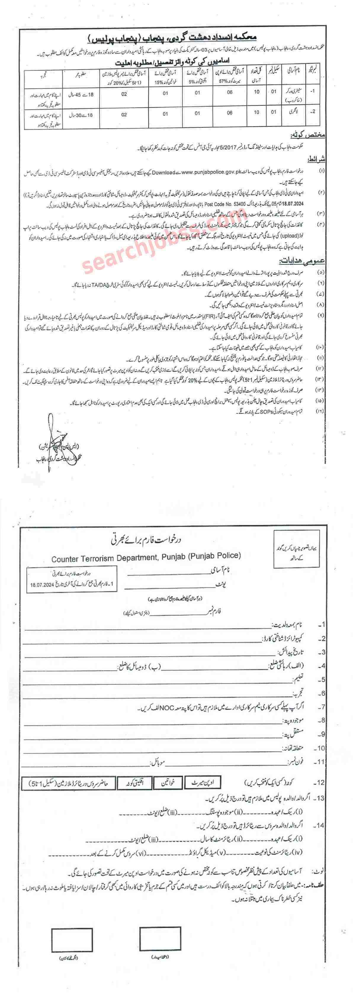 New Class 4 Jobs in Punjab Police CTD Department July 2024 Advertisement