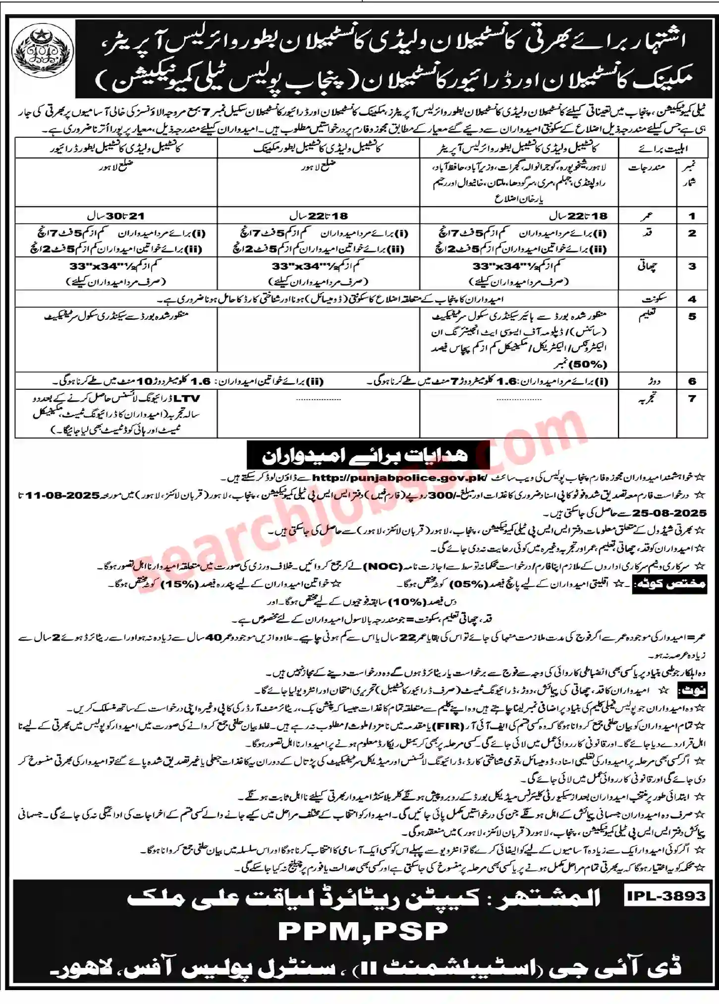 Punjab Police Constable Jobs in Lahore 2025