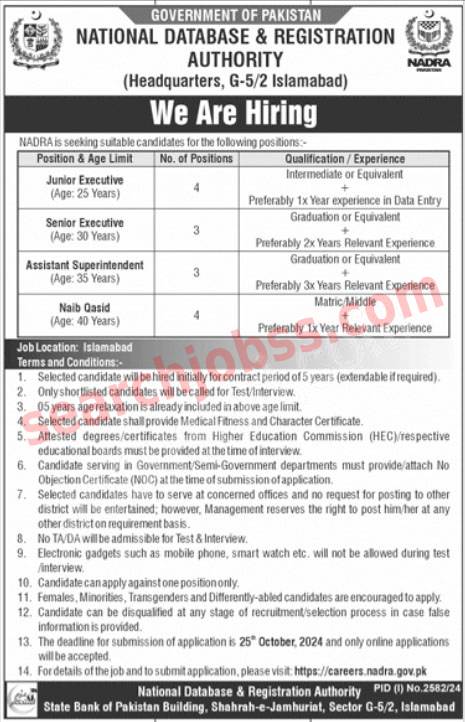 Nadra Jobs in Islamabad October 2024 Advertisement