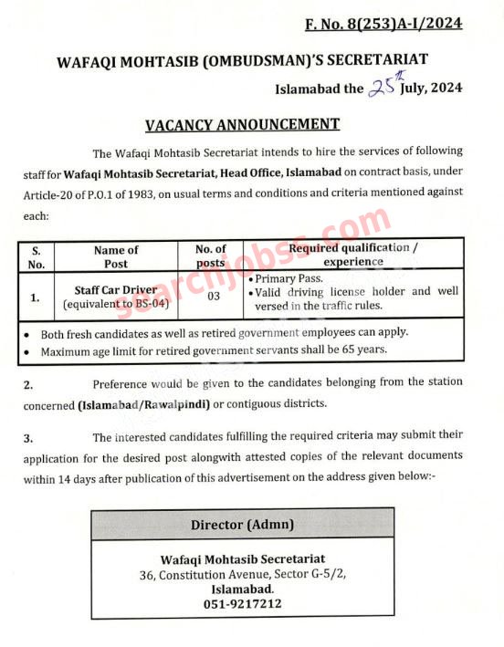 Latest Wafaqi Mohtasib Secretariat Jobs August 2024