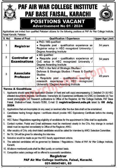 New PAF AIR War College Jobs in Karachi June 2024 Advertisement