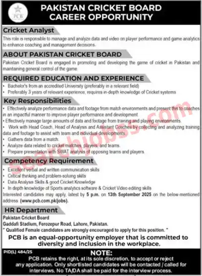 Pakistan Cricket Board PCB Jobs Lahore September 2025