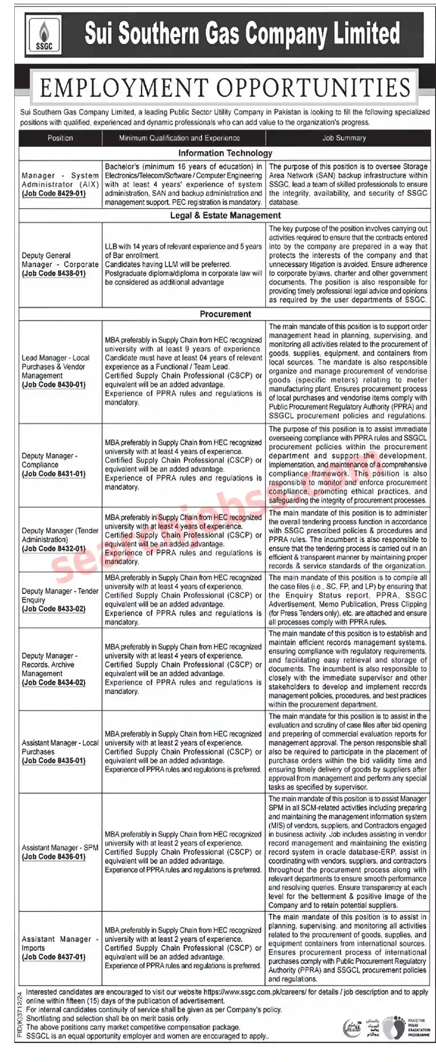 Sui Southern Gas Company Limited SSGC Jobs June 2025
