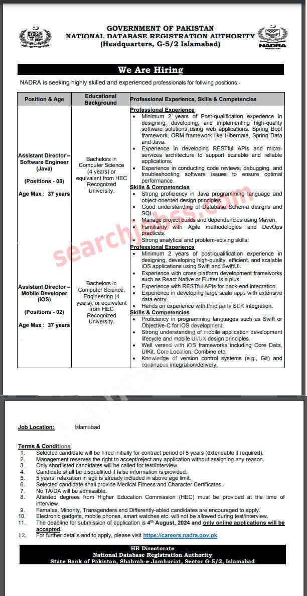 Latest Nadra Jobs in Islamabad July 2024 Advertisement