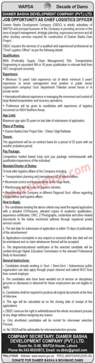 WAPDA Jobs 2025 for Chief Logistics Officer in Lahore