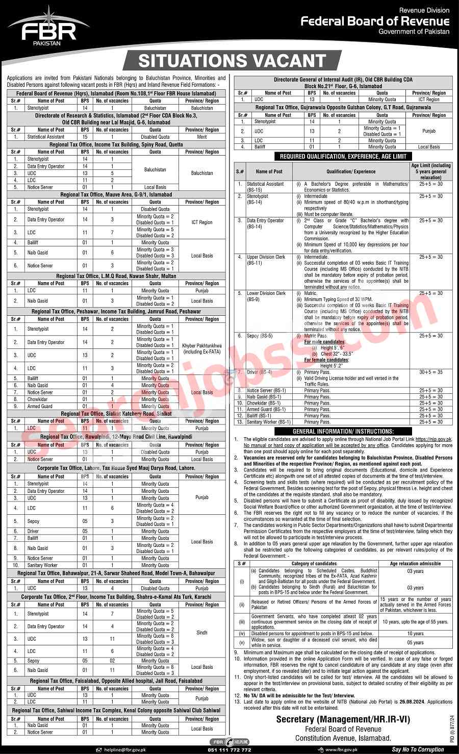 Latest Federal Board of Revenue FBR Jobs in Islamabad August 2024 Advertisement