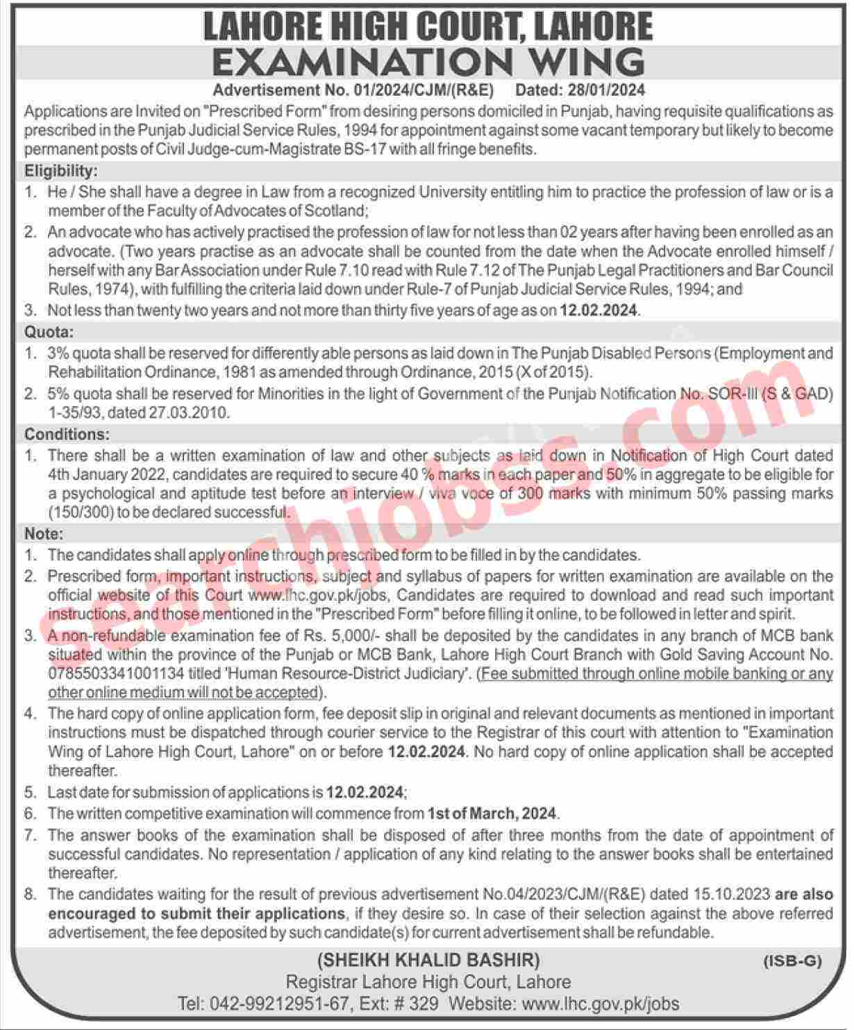 Latest Lahore High Court Jobs February 2024 Advertisement