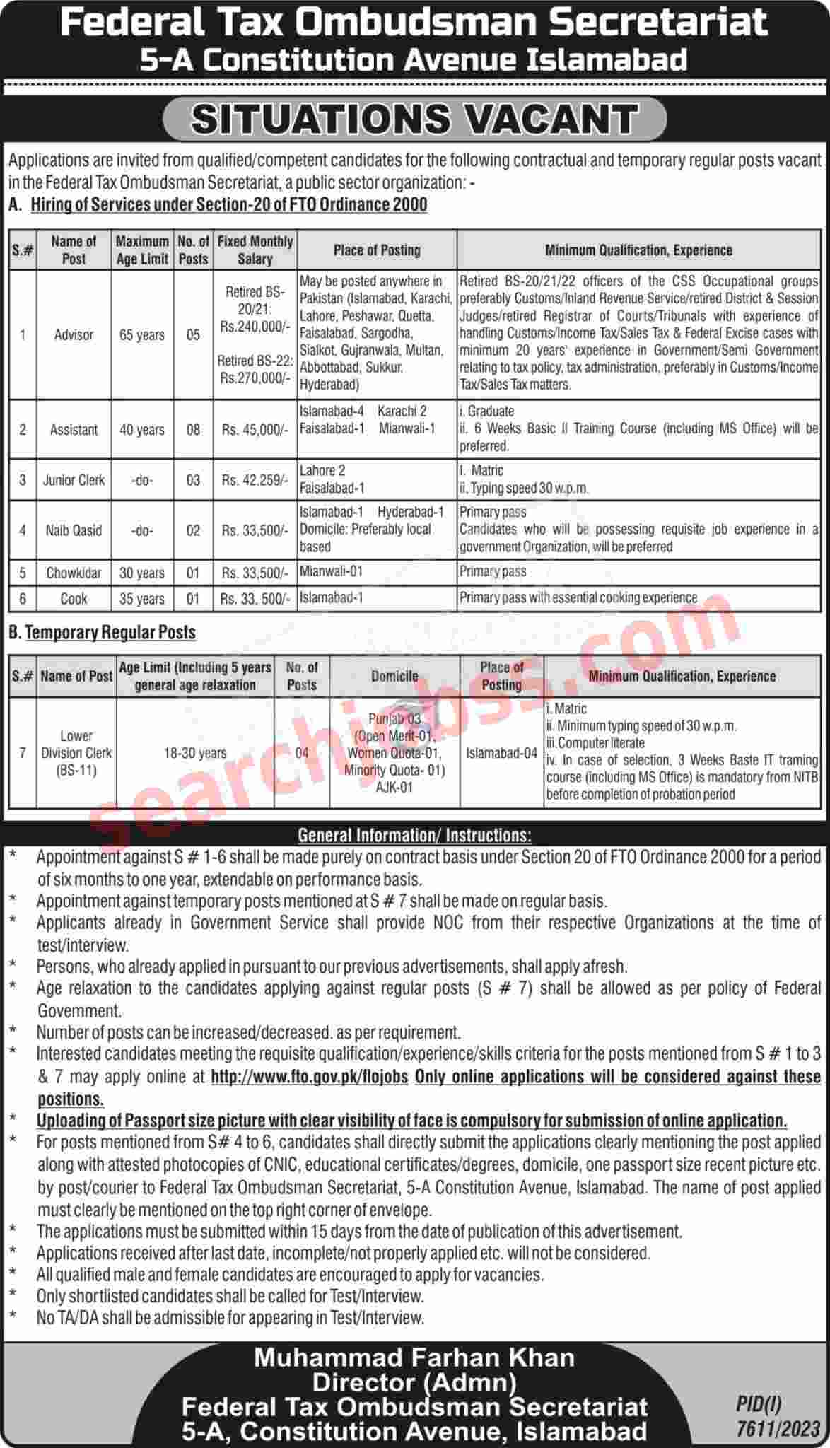 Federal Tax Ombudsman Secretariat Jobs June 2024 Advertisement