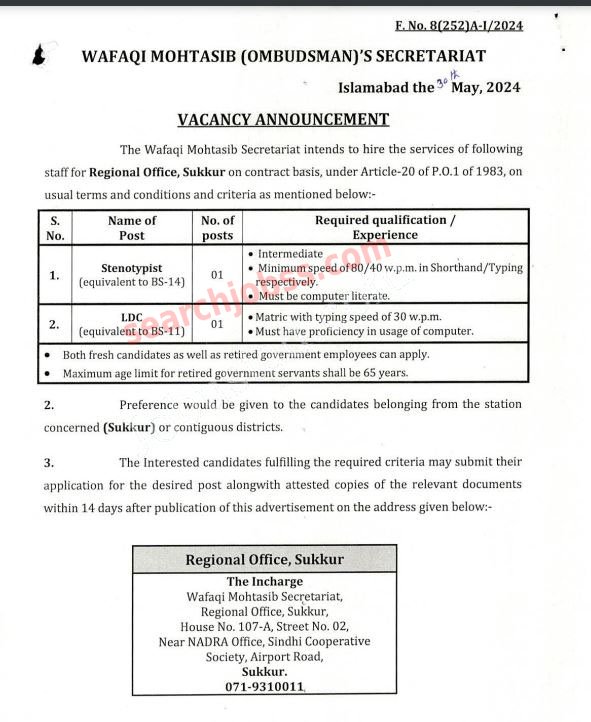 Latest Wafaqi Mohtasib Secretariat Jobs in Sukkur June 2024 Advertisement
