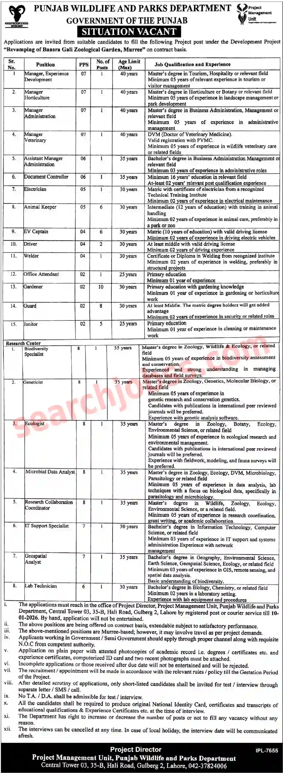 Punjab Wildlife and Parks Department Lahore Jobs 2025 Apply Now