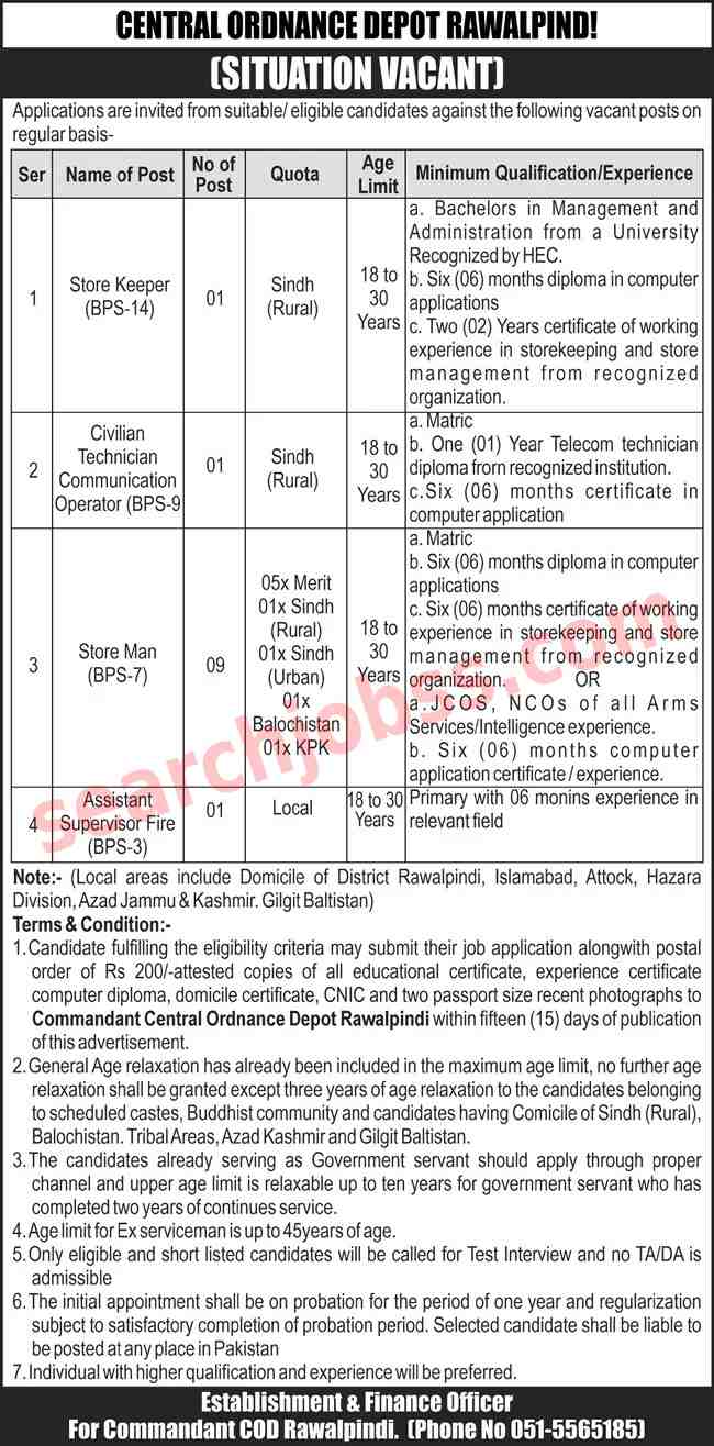 Central Ordnance Depot COD Jobs in Rawalpindi April 2025