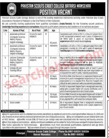 Pakistan Scouts Cadet College Jobs 2025