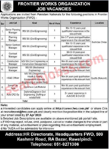 Frontier Works Organization FWO Jobs in Pakistan April 2025