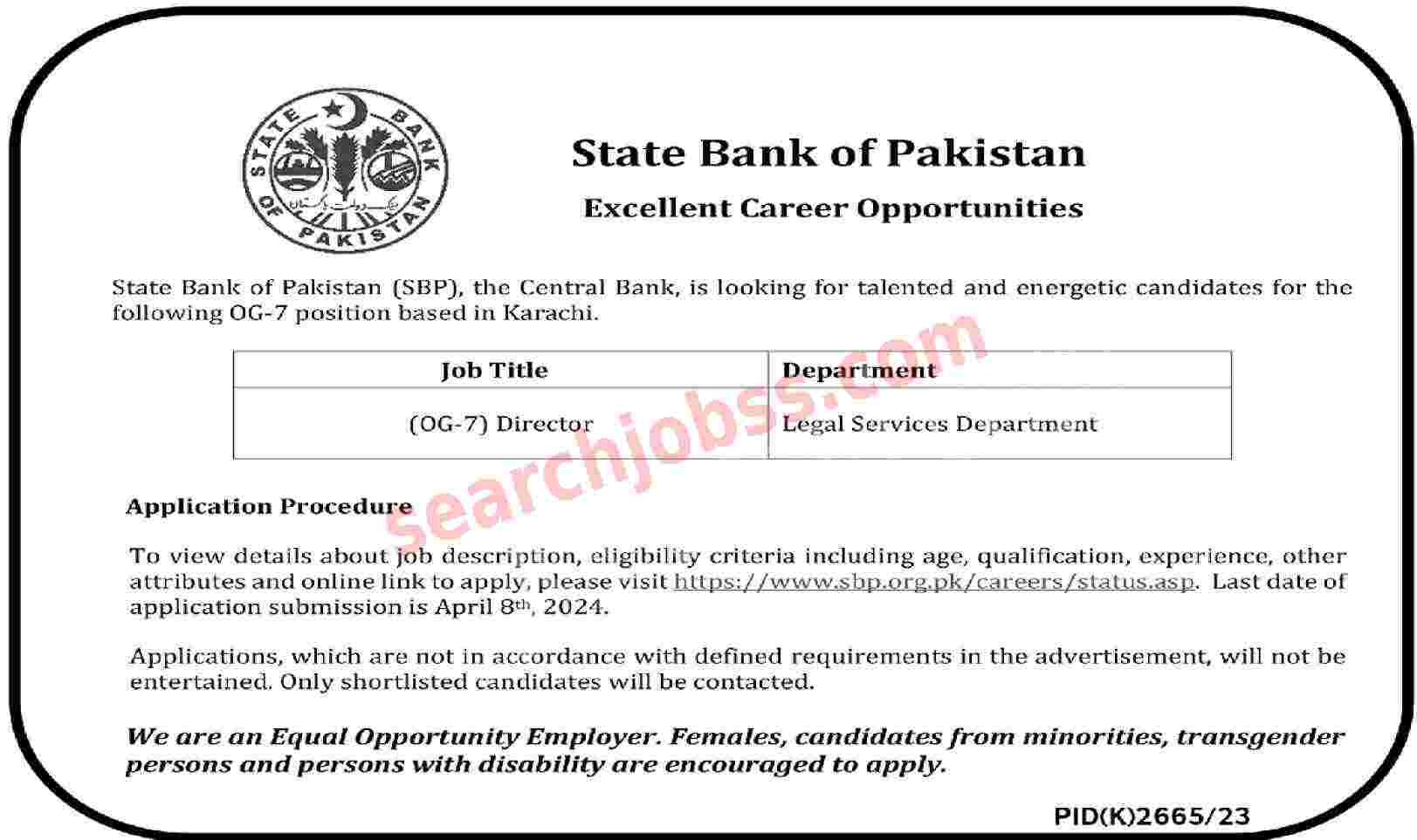 New State Bank of Pakistan SBP Jobs 2024 April Advertisement