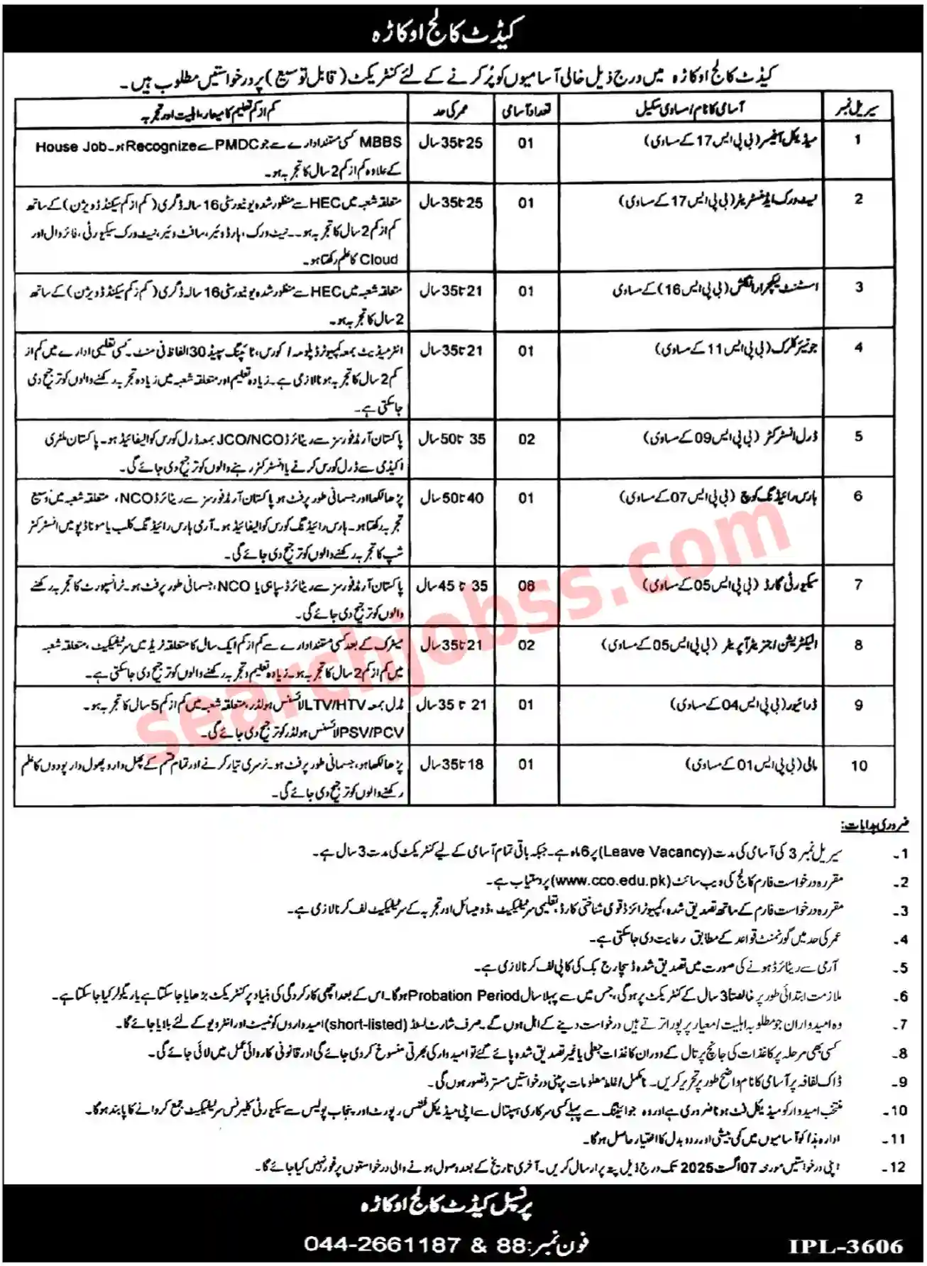 Pak Army Cadet College Okara Jobs August 2025