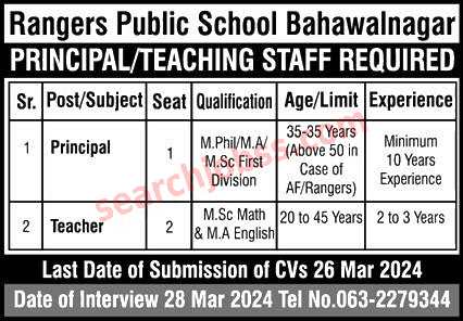 Rangers Public School Jobs in Punjab March 2024 Advertisement