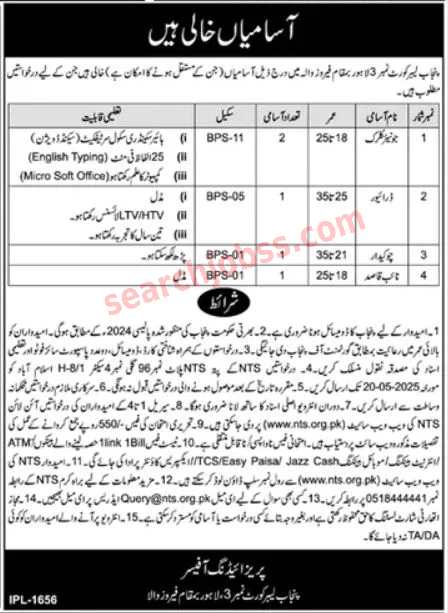 Punjab Labor Court Jobs May 2025 via NTS