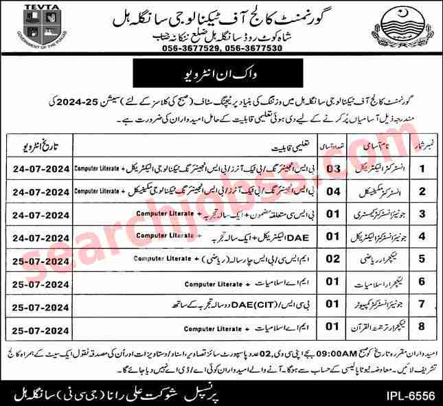 New Govt College of Technology Jobs July 2024 Advertisement