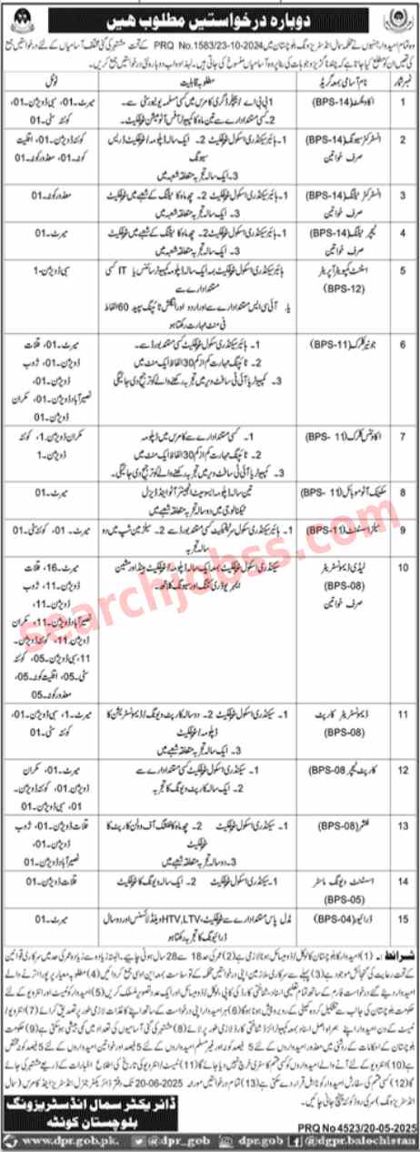 Small Industries Department Quetta Jobs 2025