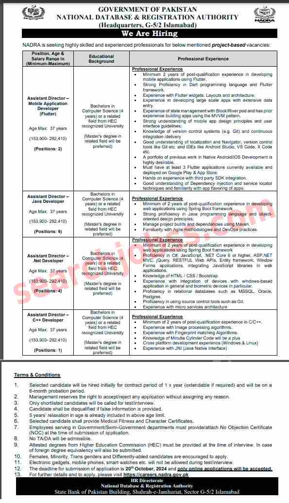 Nadra Jobs in Islamabad October 2024 Advertisement