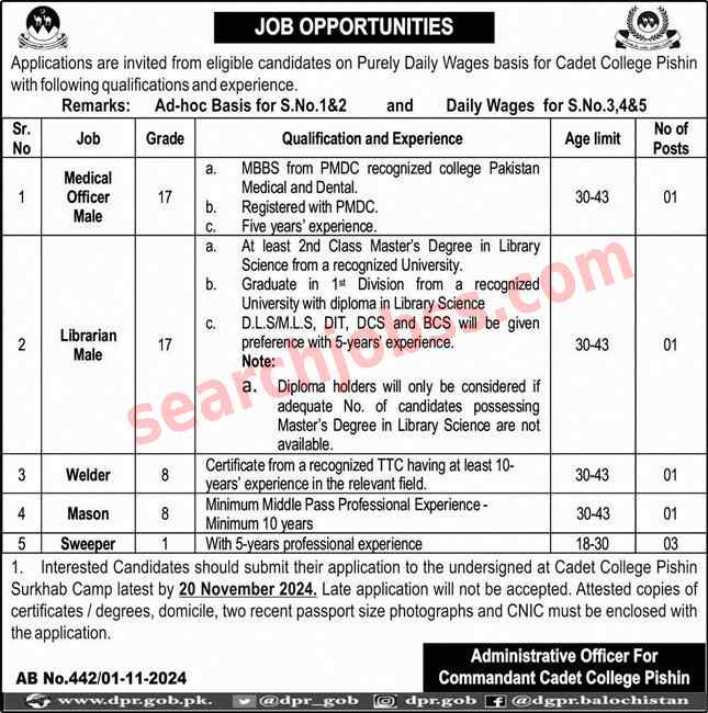 Cadet College Jobs in Pishin 2024