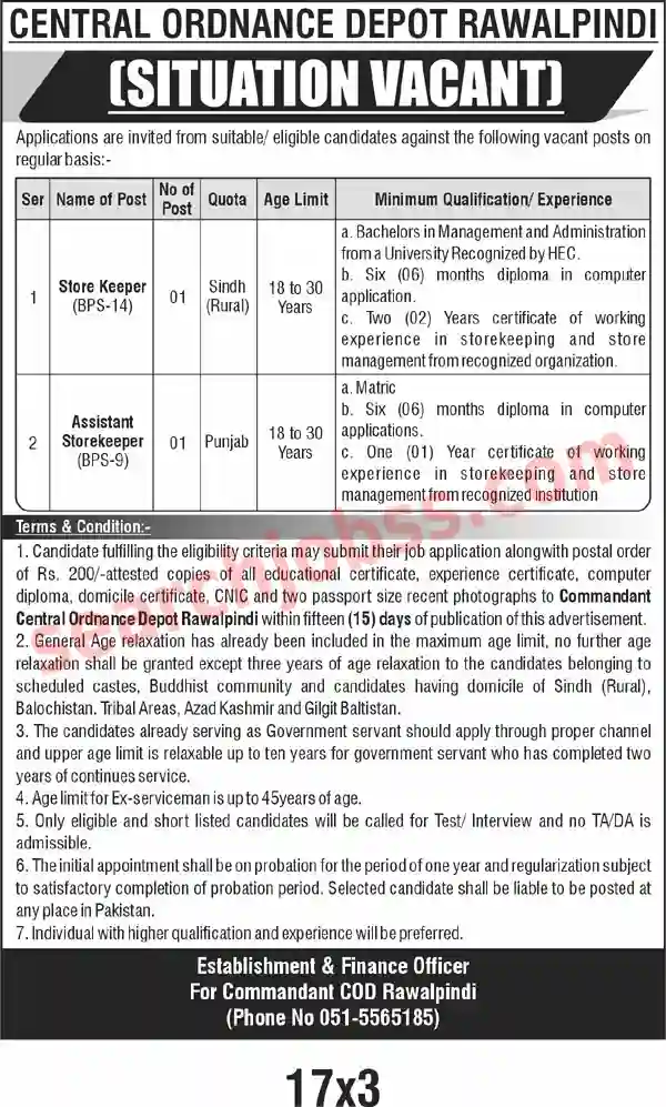 Central Ordnance Depot COD Rawalpindi Jobs 2025